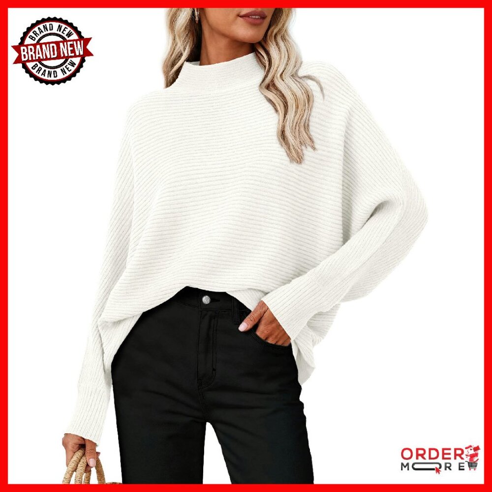 Womens Batwing Sleeve Mock Neck Ribbed Knit Pullover Sweater